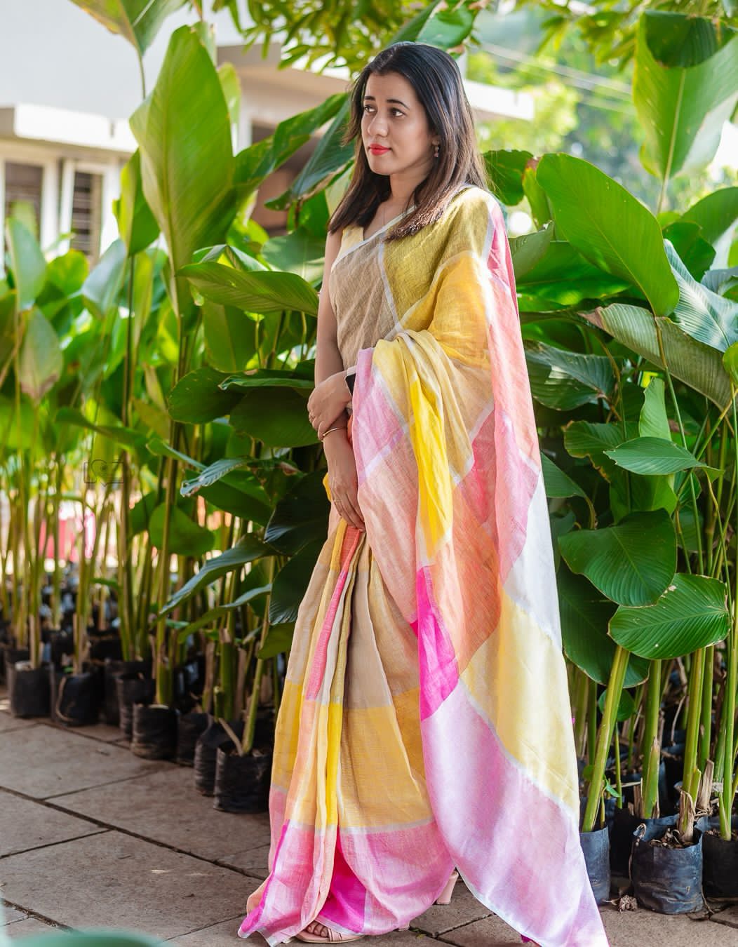 Multicolored 120 counts linen by linen checks sarees