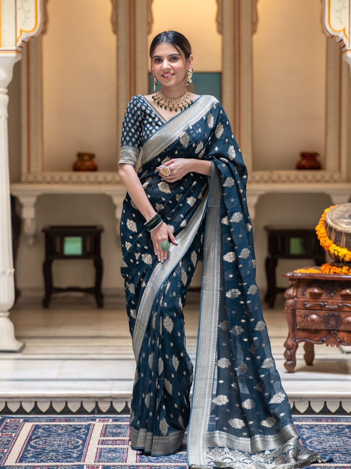 Navy blue Banarasi semi georgette silk sarees