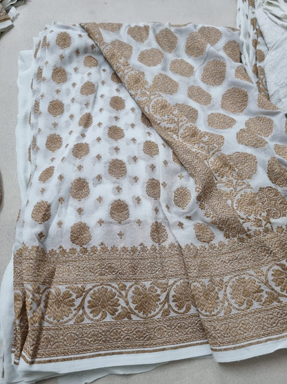 Cream pure banarasi khaddi georgette sarees