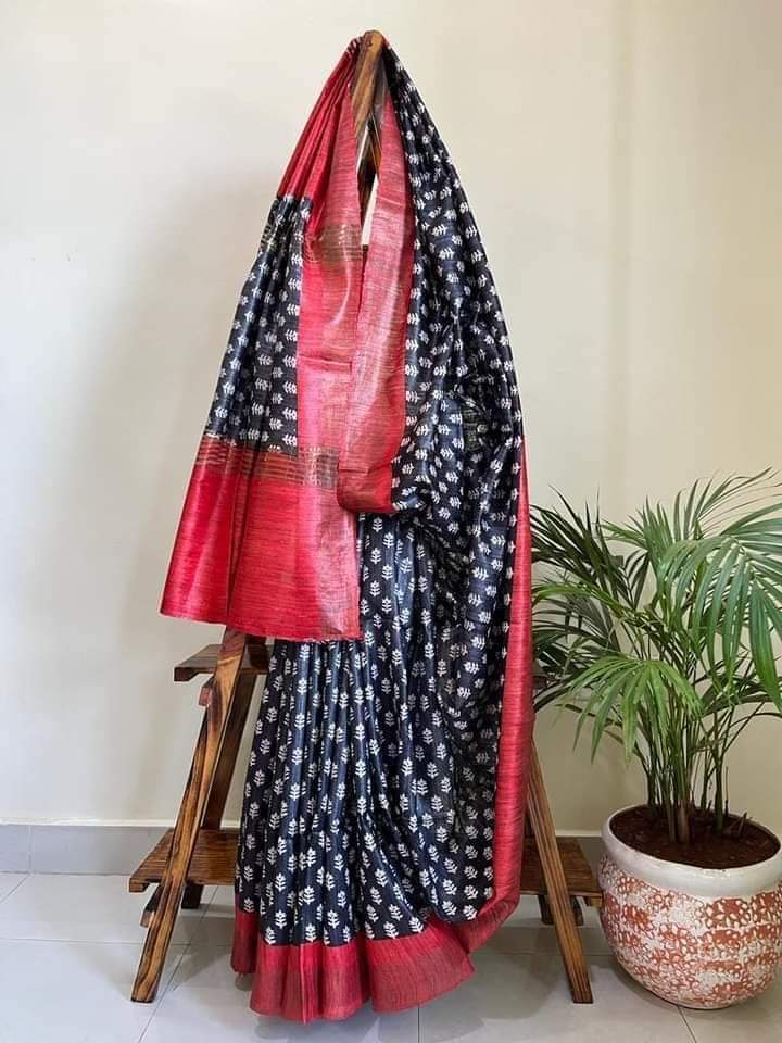 Black Pure Tussar gicha screen print sarees