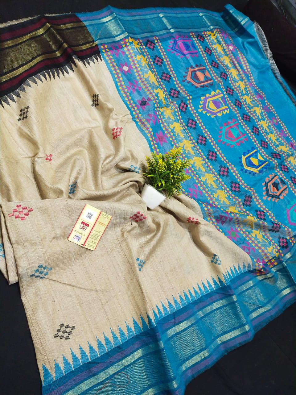 Beige and sky blue pure desi tussar silk sarees