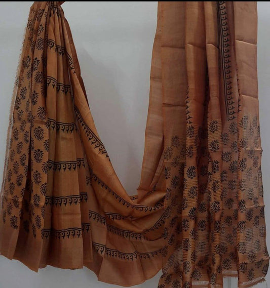 Dark mustard block print tussar silk sarees