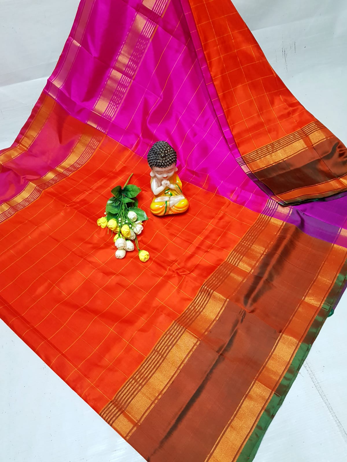 Orange and Pink uppada Anushka checks sarees