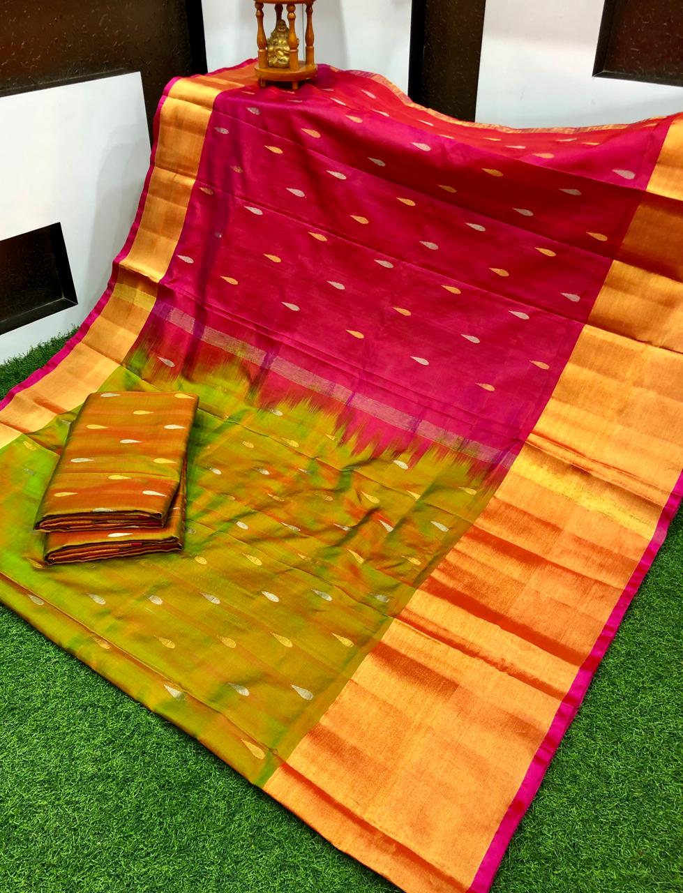 Mustard green Uppada small Jamdani butta Sarees