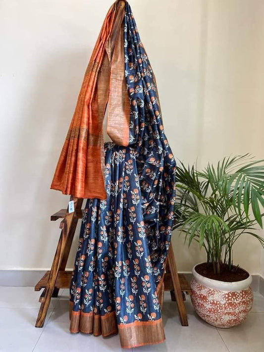 Midnight blue Pure Tussar gicha screen print sarees