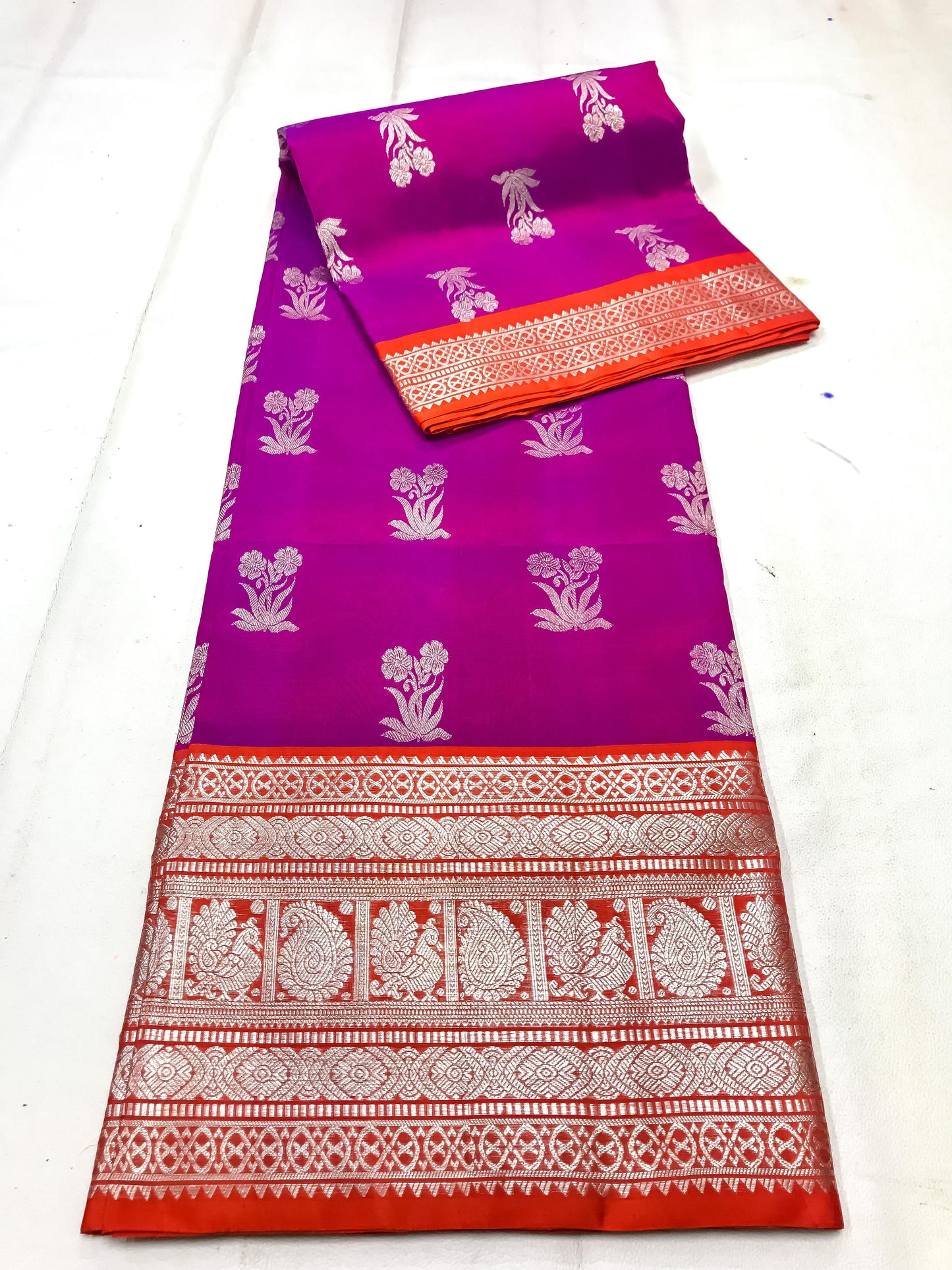 Dark Magenta with orange Pure Venkatagiri silk sarees