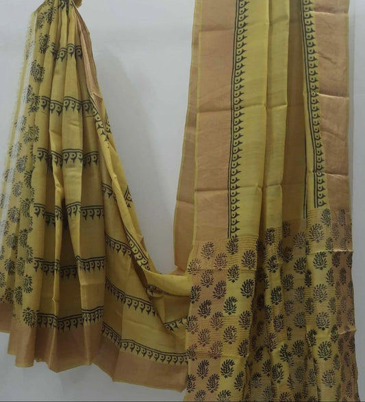 Mustard yellow block print tussar silk sarees