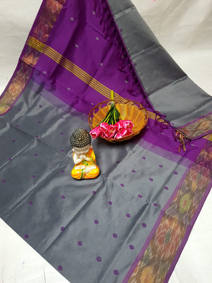 Gray and dark purple Tripura silk sarees with Pochampally border