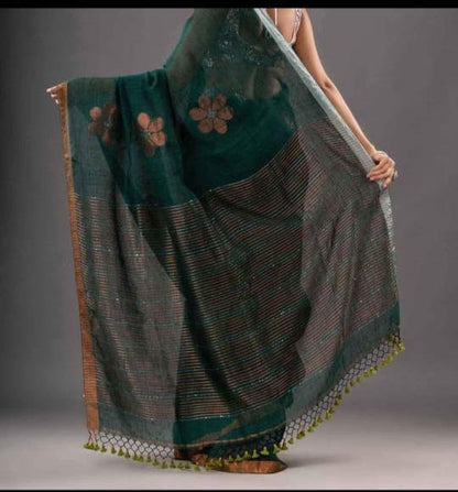 Bottle green 120 counts linen jamdani weaved sarees