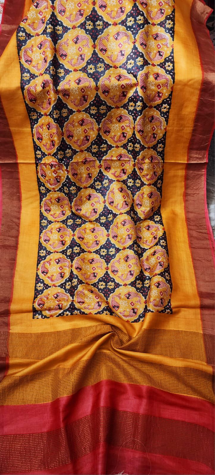 Yellow tussar silk printed sarees