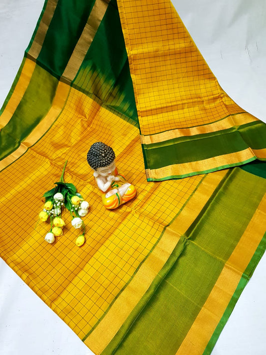 Yellow and dark green uppada mahanati checks sarees