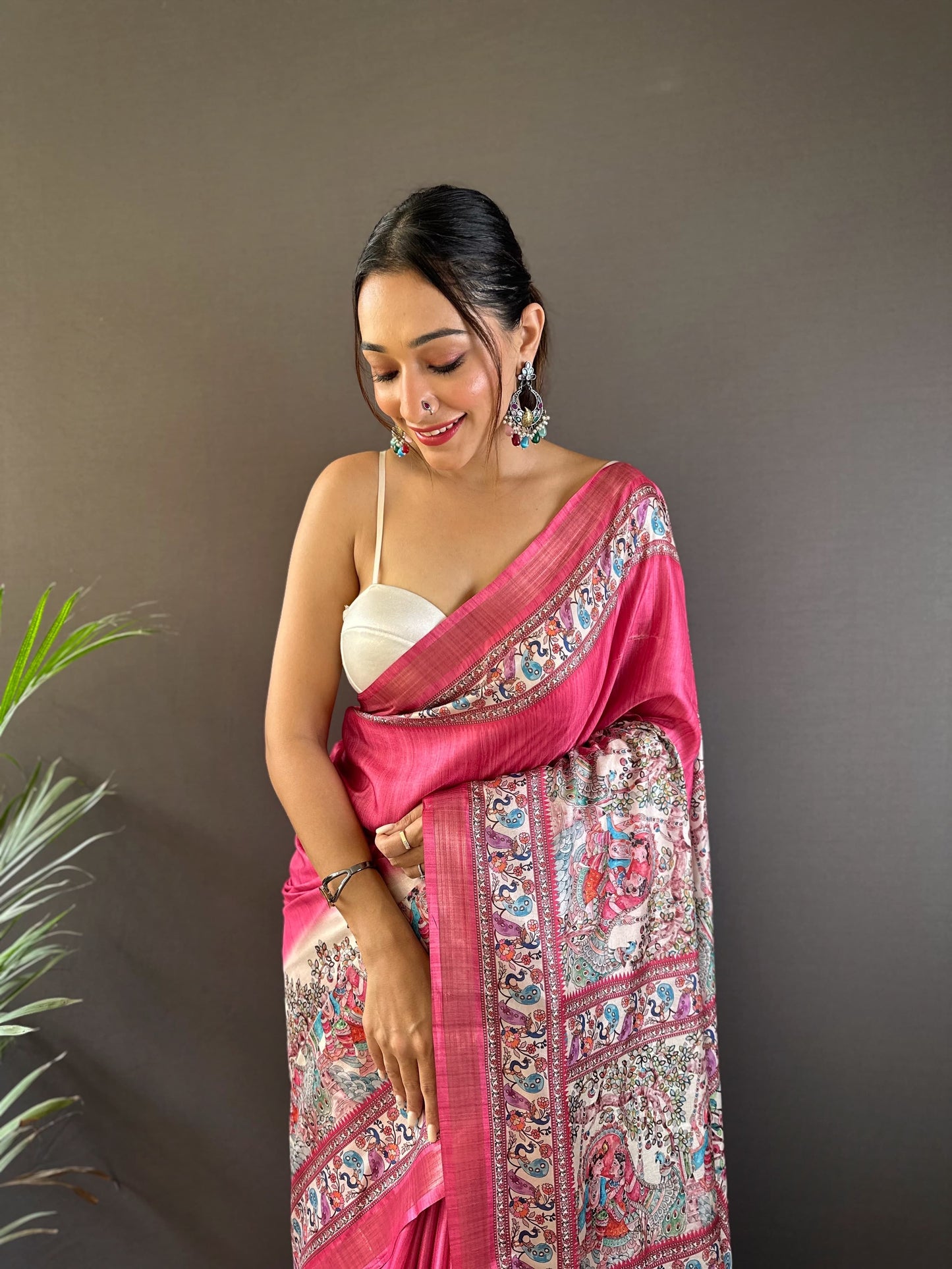 Pink tussar silk sarees with madhubani print