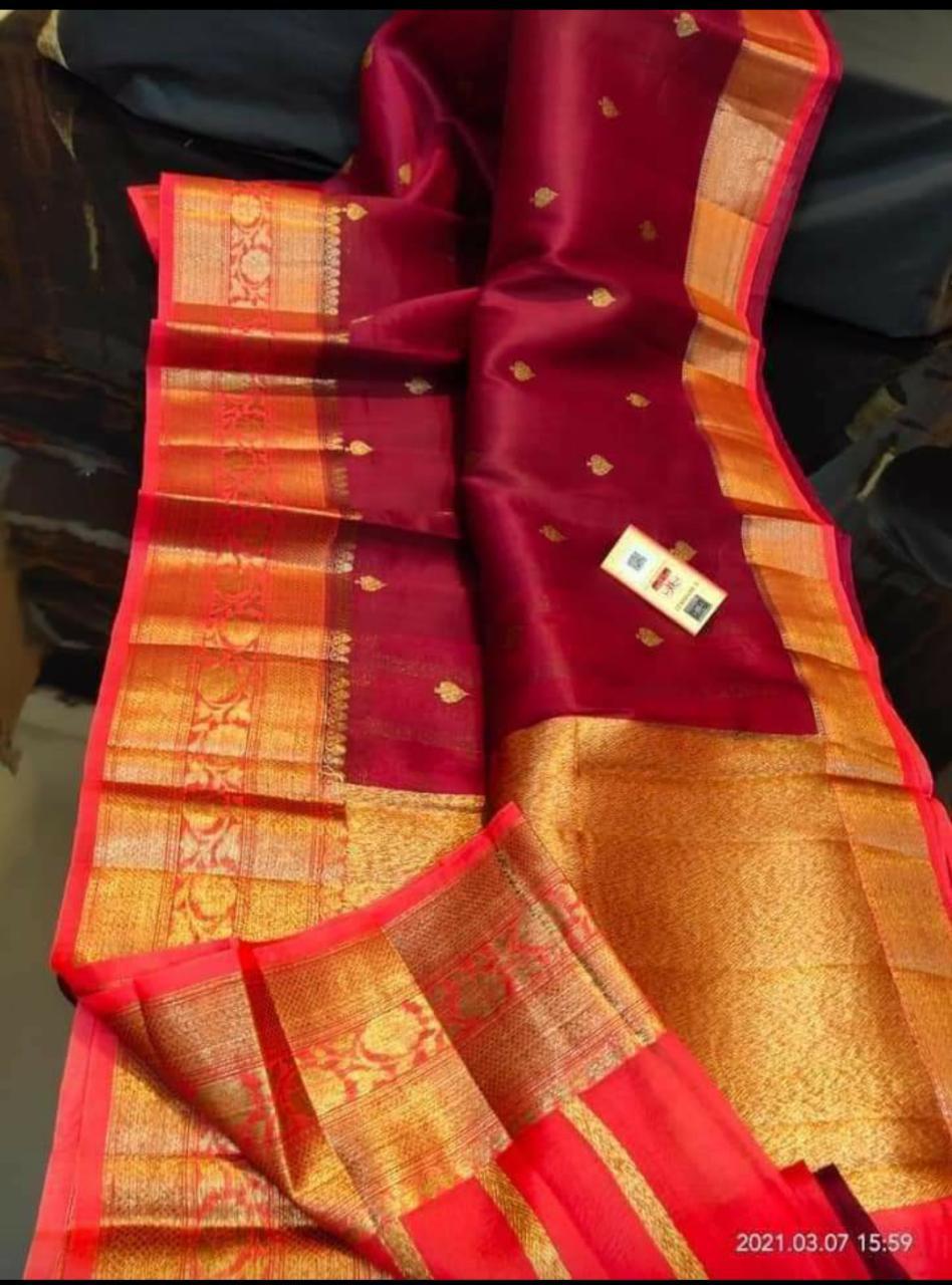 Maroon red Banarasi kora organza sarees