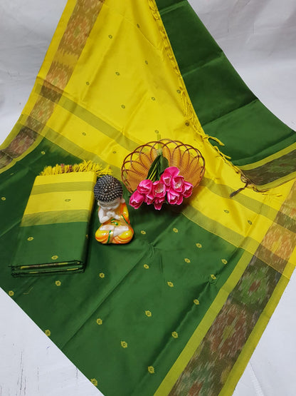 Dark green and yellow Tripura silk sarees with Pochampally border