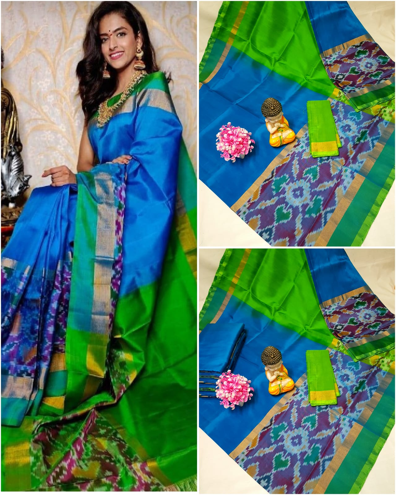 Light blue Uppada sarees with big pochampally border