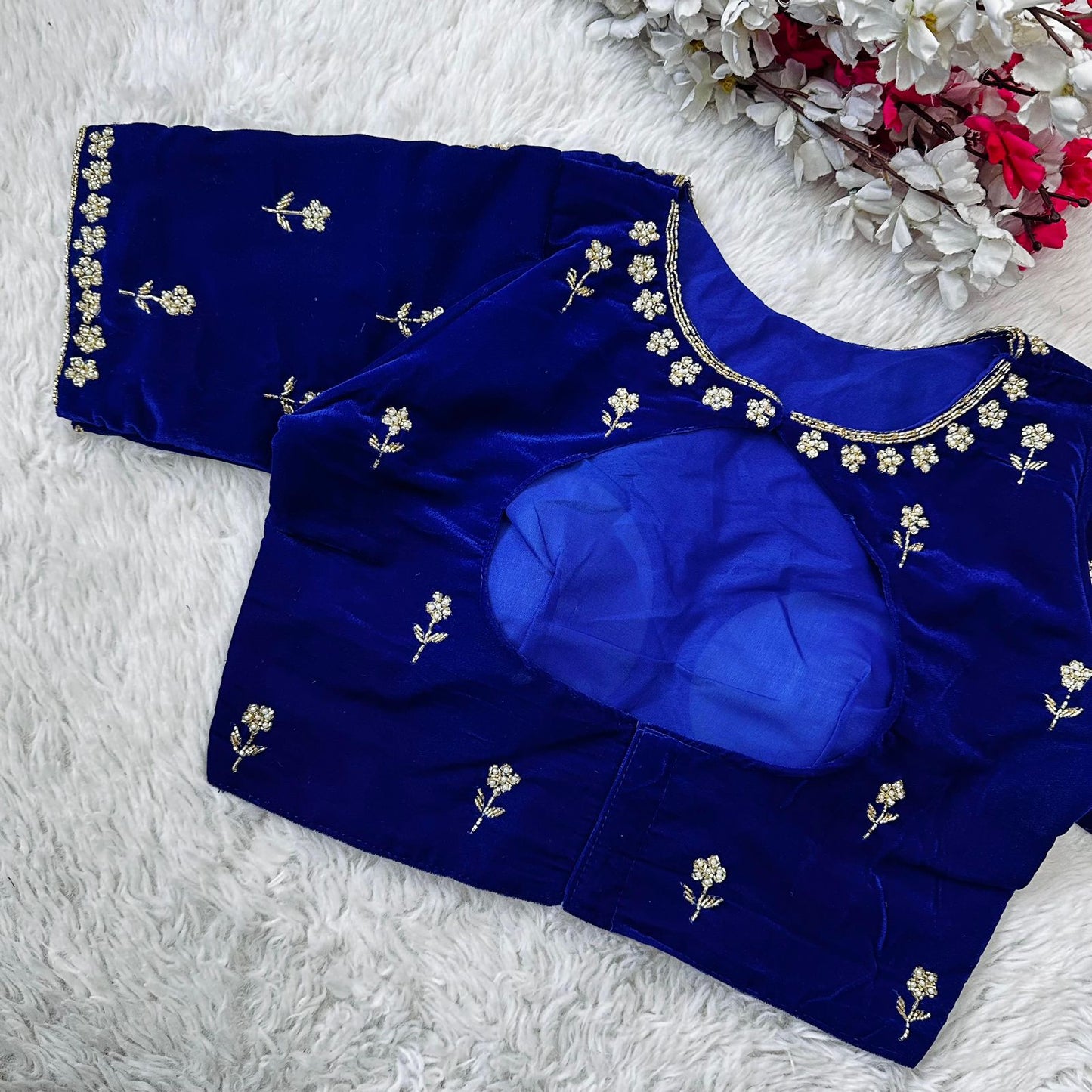 Royal blue readymade velvet pearl work blouse