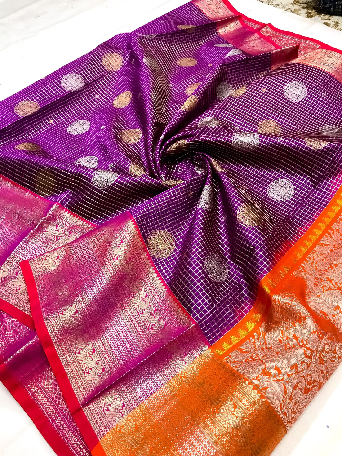 Dark purple with orange Pure Venkatagiri silk sarees