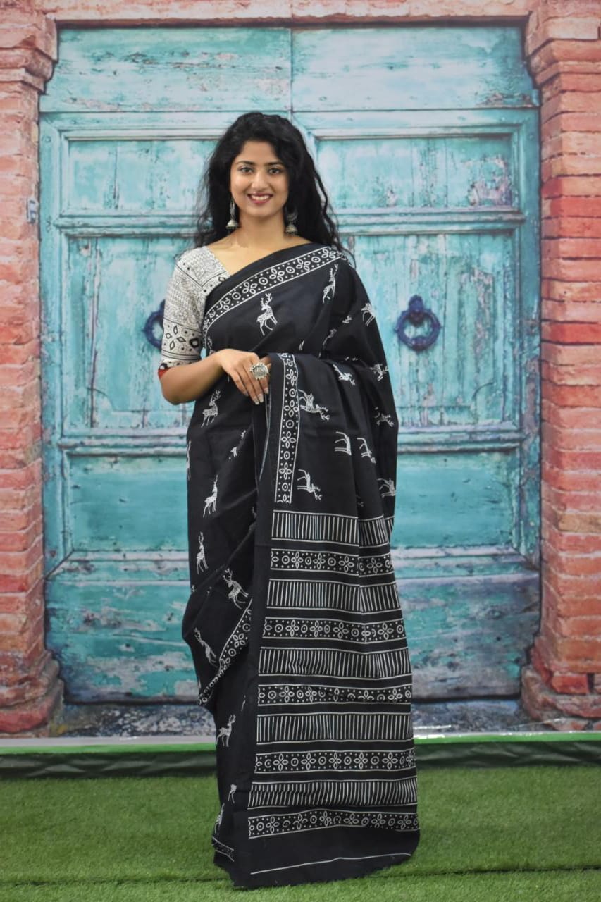 Black hand printed mulmul cotton sarees