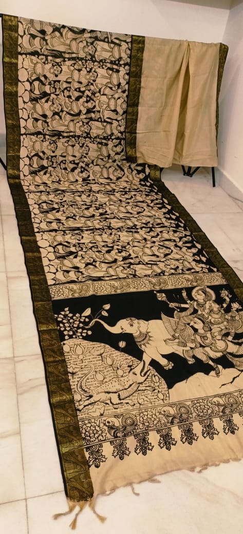 Black and white mangalagiri pen kalamkari sarees