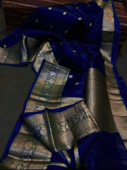 Dark Navy blue Banarasi kora organza sarees