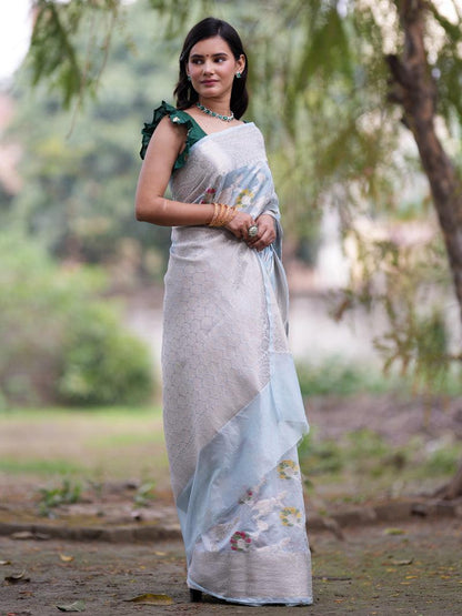 Pastel blue Banarasi semi georgette silk sarees