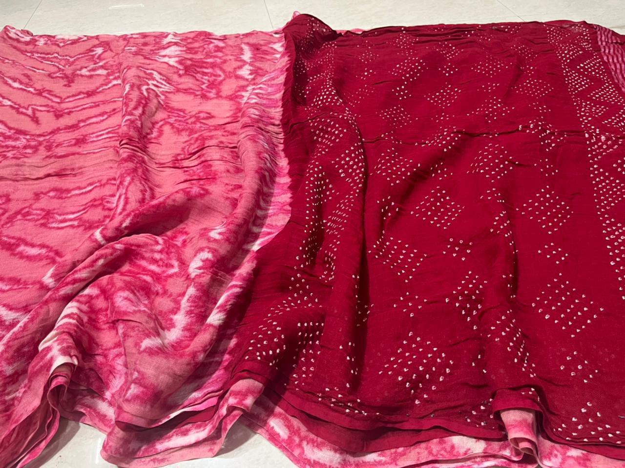 Pink pure linen 120 counts bandhani sarees