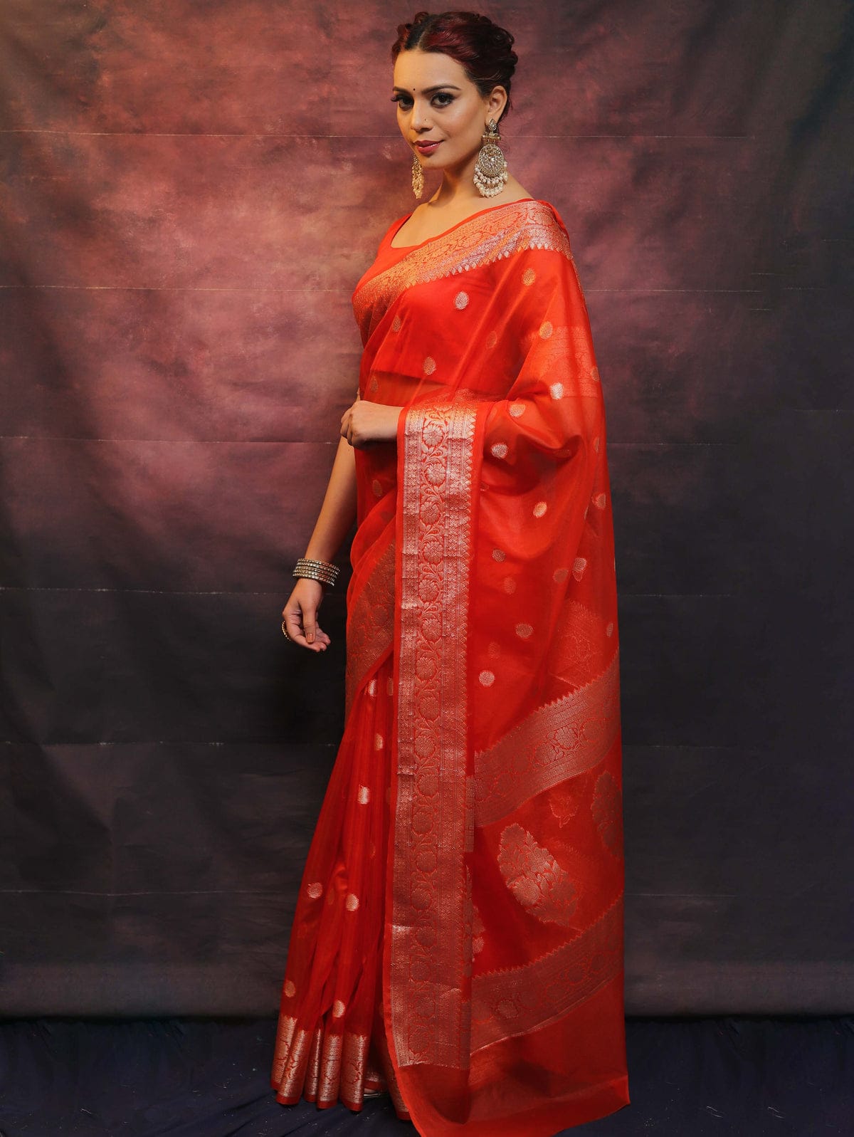 Orange Banarasi organza silk sarees