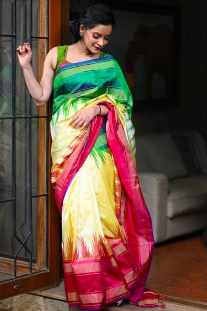 Pastel yellow ikkat plain silk sarees