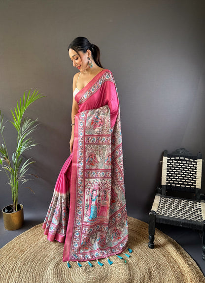 Pink tussar silk sarees with madhubani print