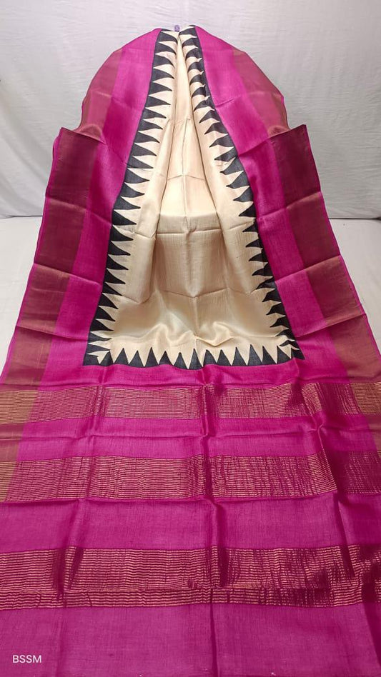 Cream and pink pure tussar silk hand block printed sarees