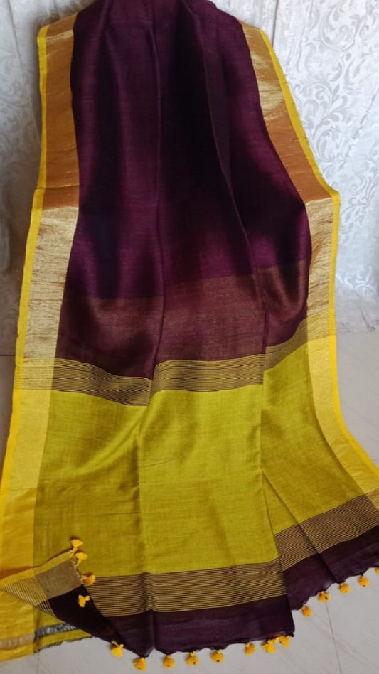 Maroon and yellow 120 counts linen by linen sarees