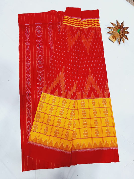 Red and yellow ikkat mercerised Cotton sarees