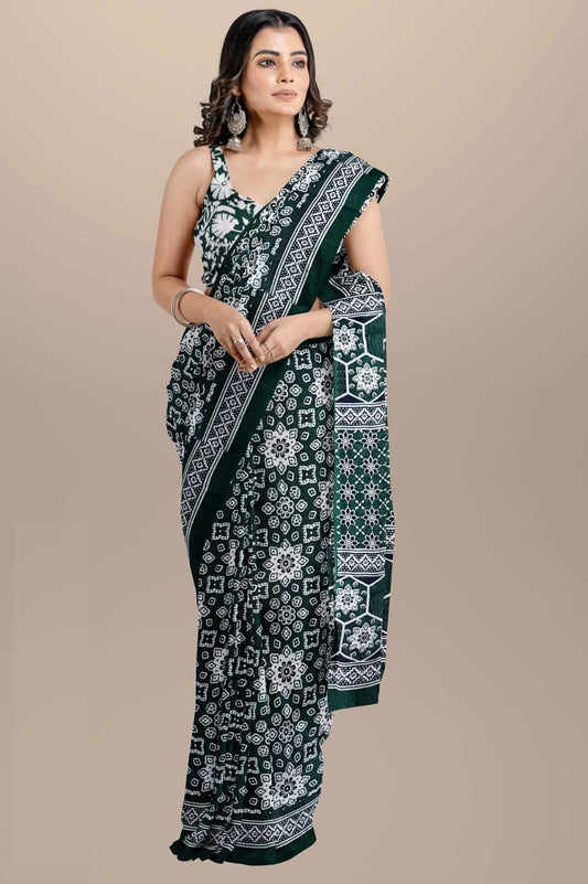 Bottle green Handblock printed mulmul cotton sarees