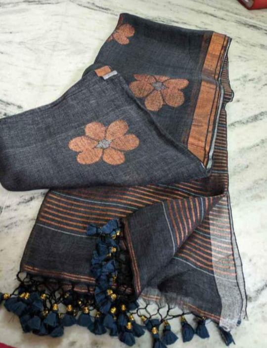 Dark grey 120 counts linen jamdani weaved sarees