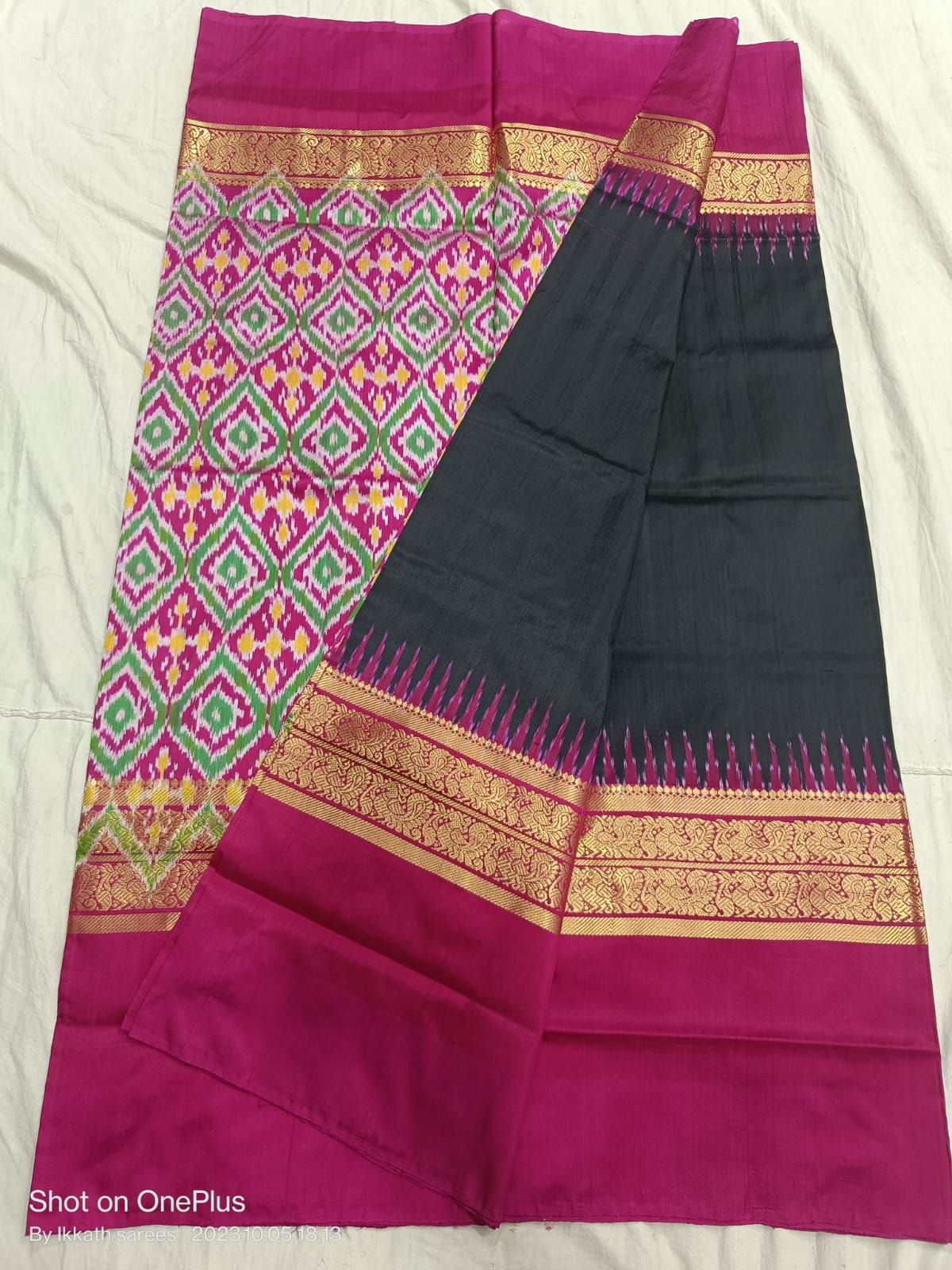 Black ikkat silk sarees with jakat kanchi border