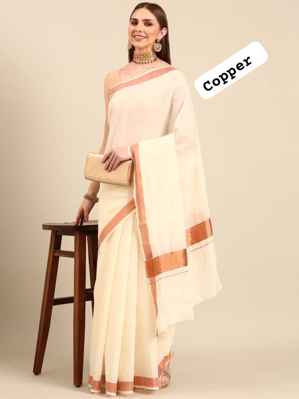 Copper Kerala cotton onam Kasavu sarees