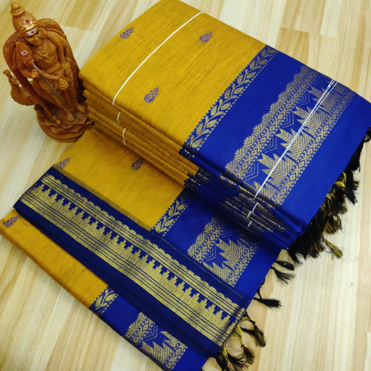 Mustard yellow and Navy blue kalyani cotton sarees