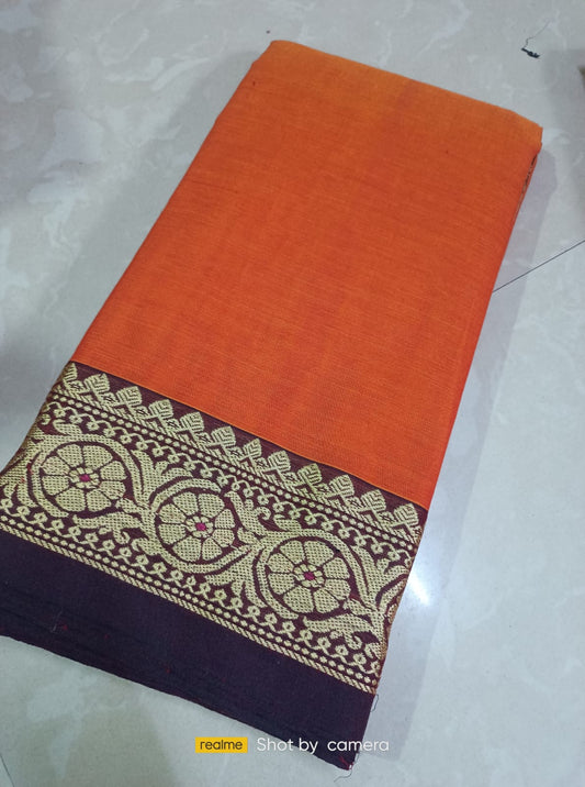 Orange Narayanpet Cotton sarees with small border