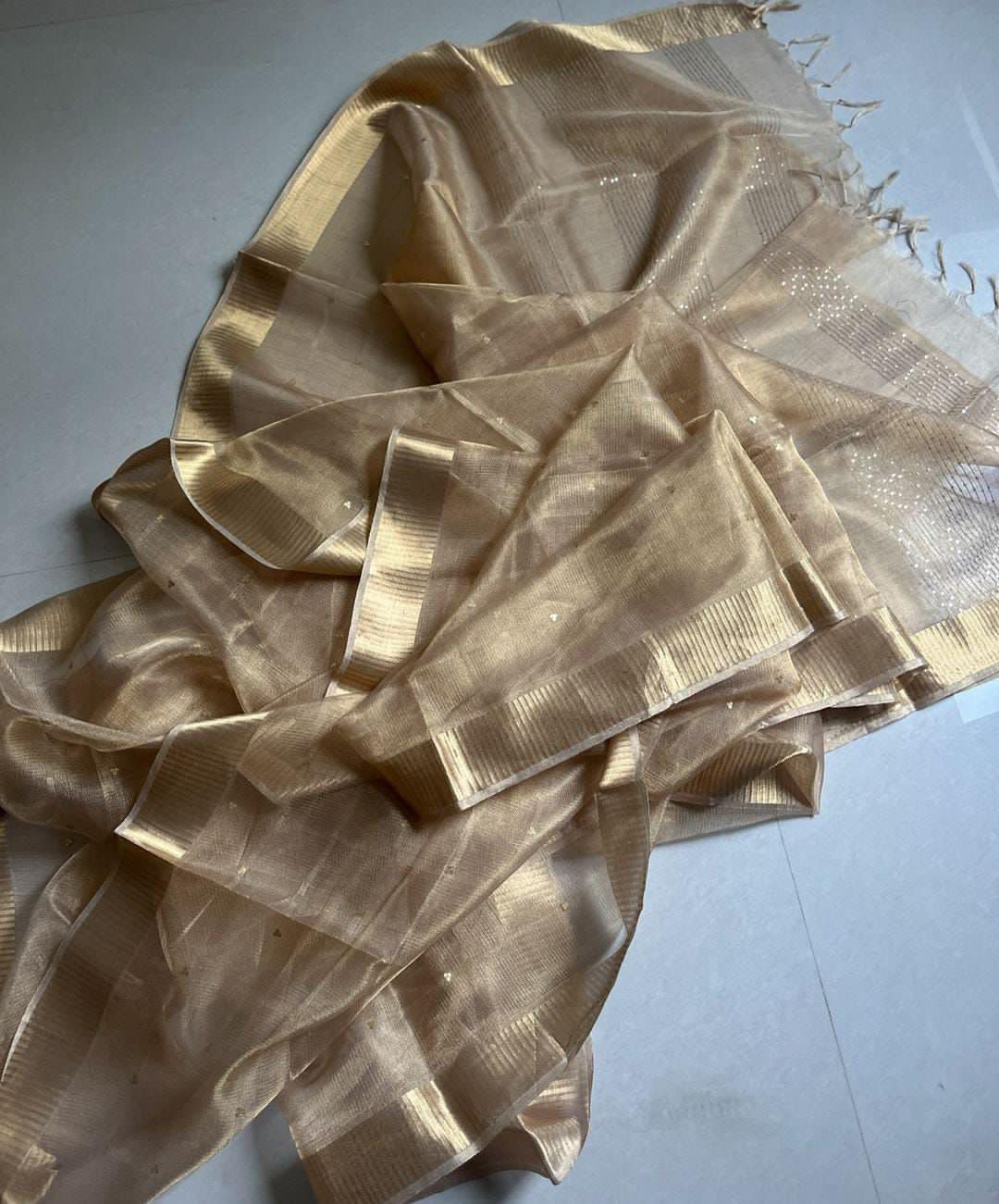 Gold Pure handloom Tussar tissue silk sequence work sarees