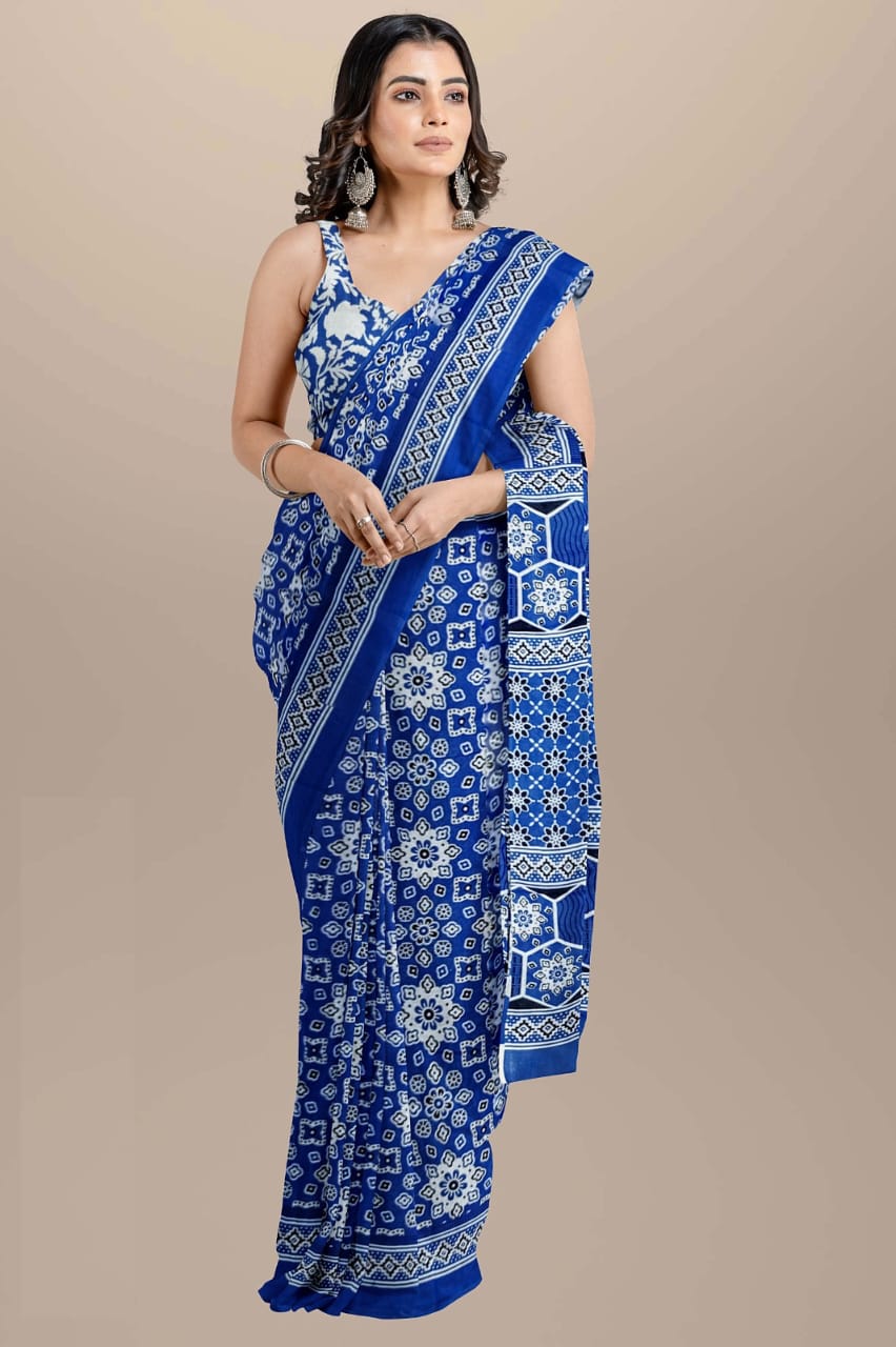 Dark blue Handblock printed mulmul cotton sarees