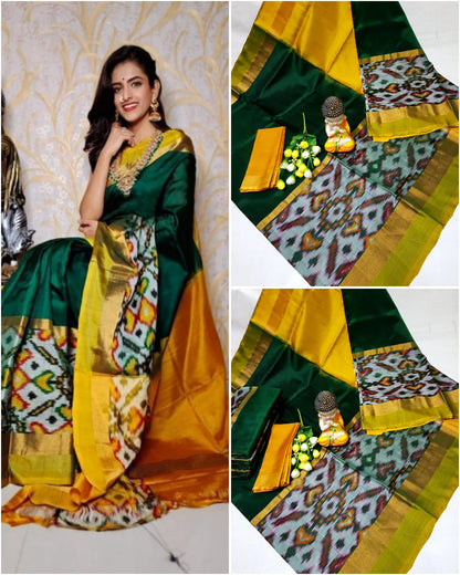 Bottle green and yellow Uppada big pochampally border sarees