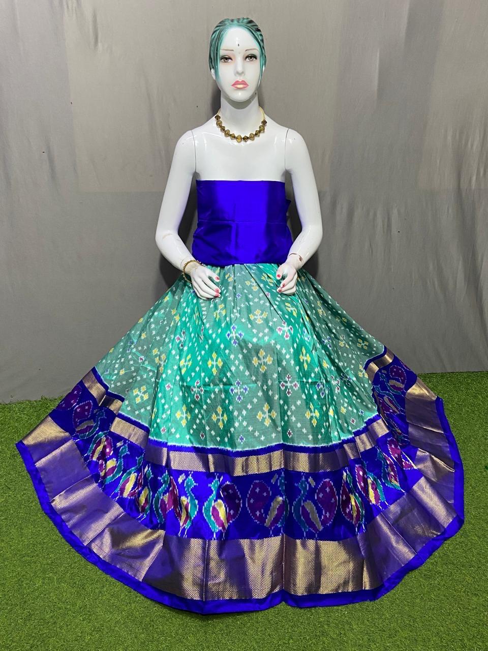 Turquoise Pure pochampally ikkat silk lehenga