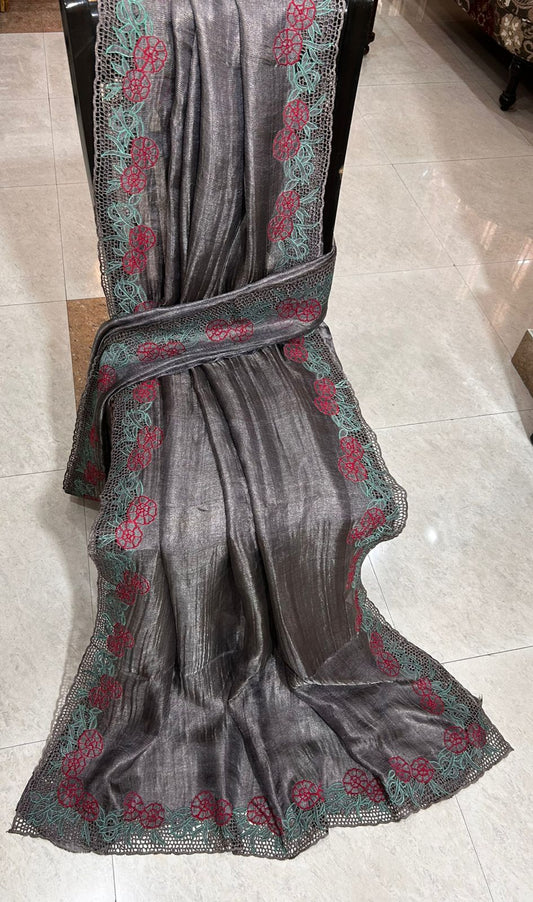 Dark grey cutwork pure tussar tissue silk sarees