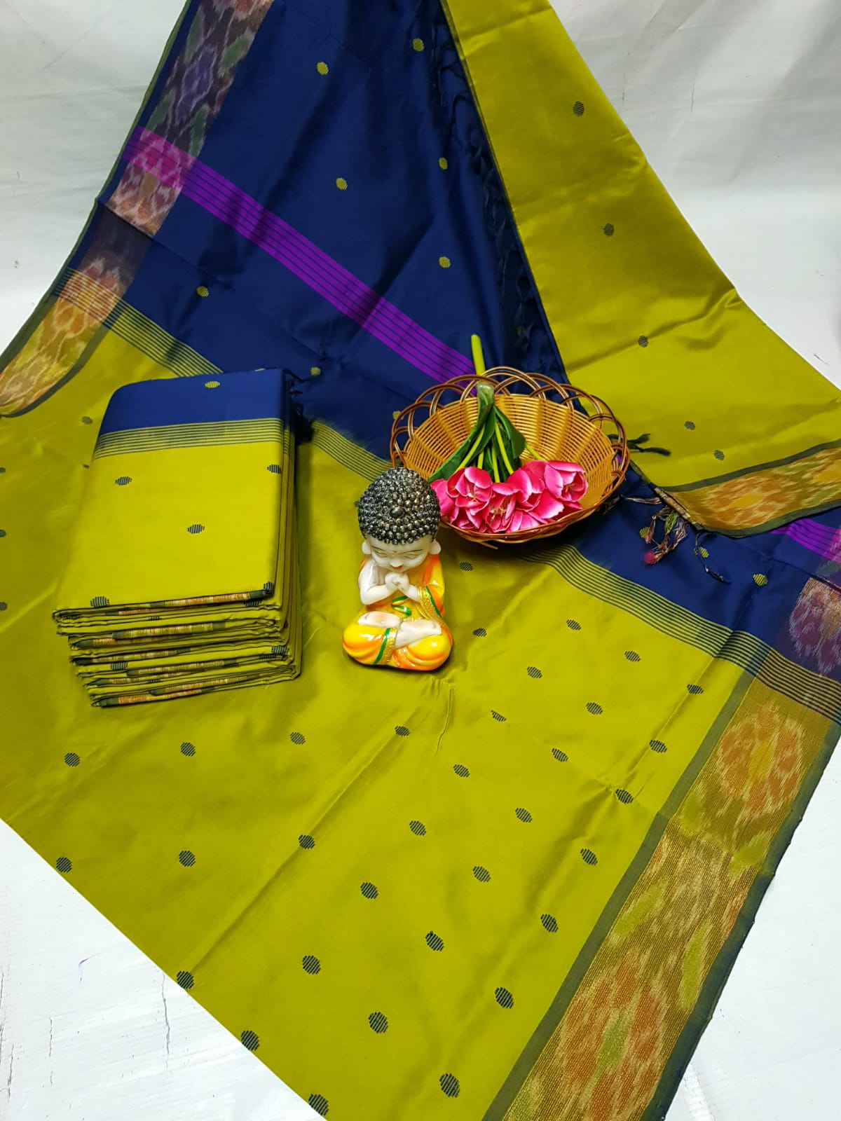 Olive green and Navy blue Tripura silk sarees with Pochampally border