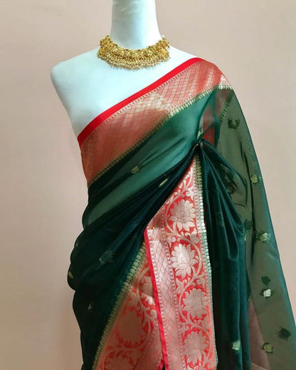 Dark green Banarasi kora organza sarees