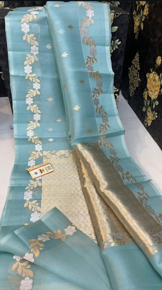 Pastel blue Banarasi kora organza sarees