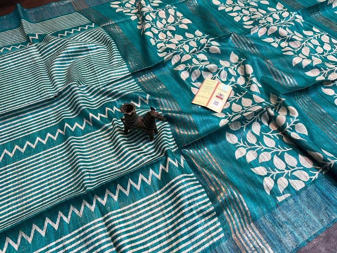 Peacock blue Pure Tussar gicha screen print sarees