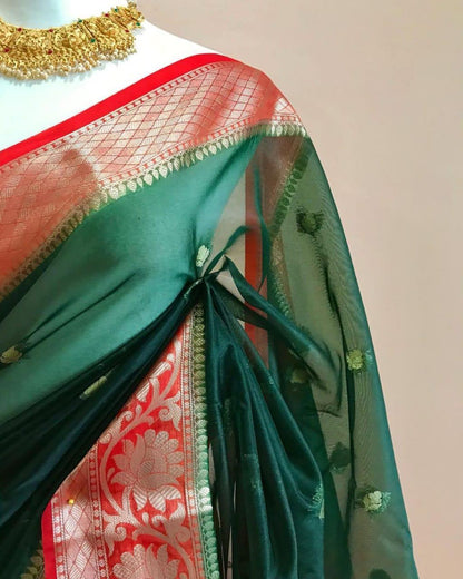 Dark green Banarasi kora organza sarees