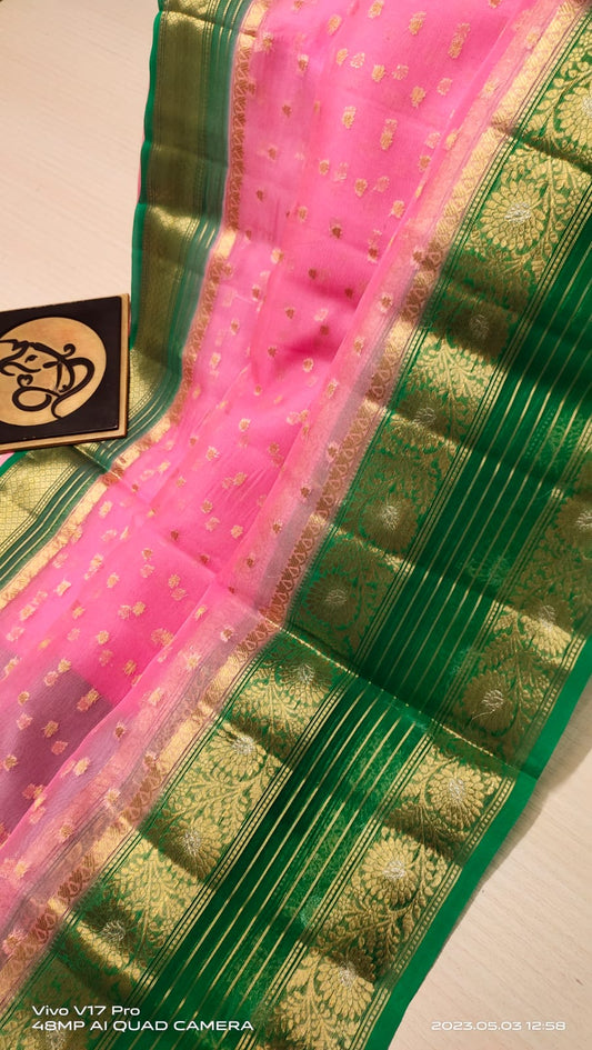 Pink and dark green Banarasi kora organza silk sarees