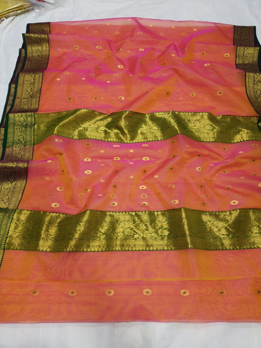 Peach mix pink pure chanderi katan silk sarees